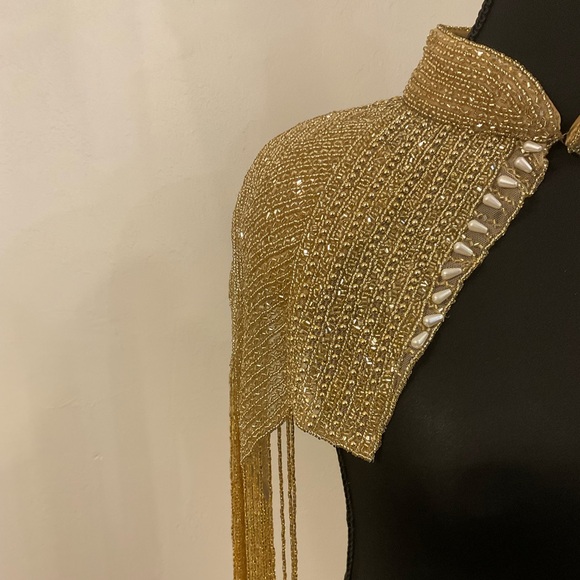 Gold Beaded Shoulder Fringe Cape with Pearls - Picture 5 of 5